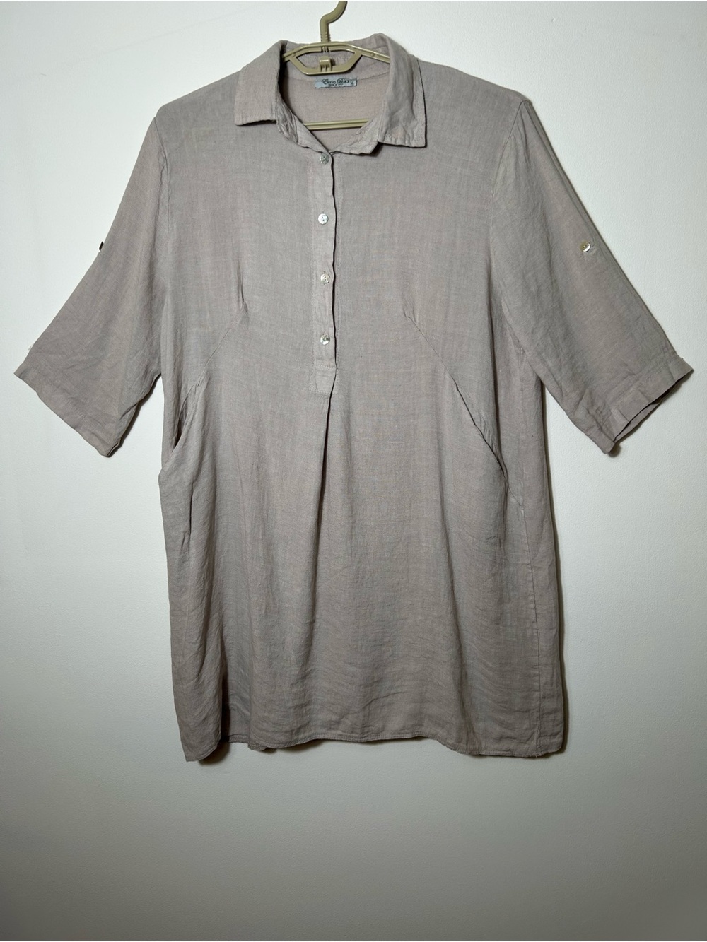 Elena Baldi Italy Linen Dress Womens Medium Beige Shift Beach Summer Pockets